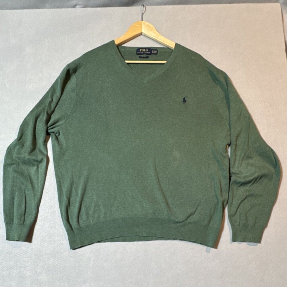 Polo Ralph Lauren Pima Cotton Green V-Neck Pullover Sweater XL Logo